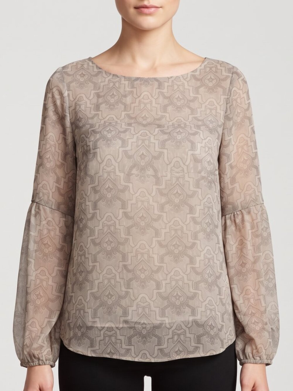Romantic Geo Damask Blouse Taupe Brown Long Bishop Sleeve Size Large
